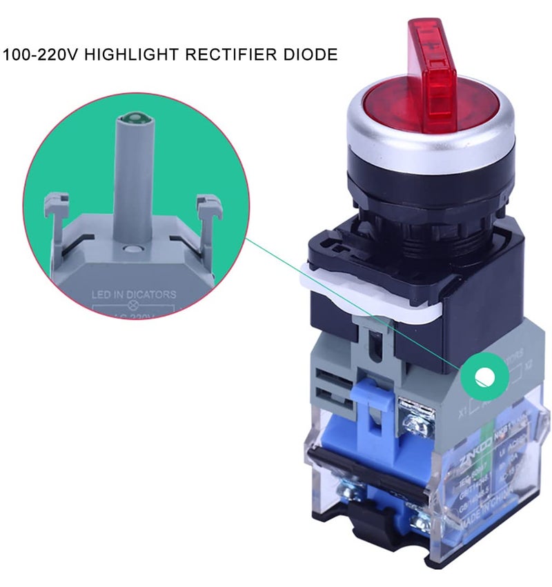 Sinyiol 2Pcs Latching Rotary Selector Switch with 110V LED lamp, 22mm 2 Positions,1 NO,1 NC,Green LED Light and Red LED Light Maintained Latching Rotary Selector Switches,Ith 10A Ui 660V - Image 4